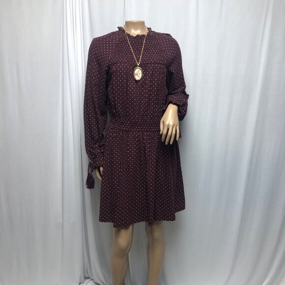 TopShop Peasant Dress Womens Size 10 Maroon White Polka Dots Smocked Long Sleeve - Picture 1 of 10